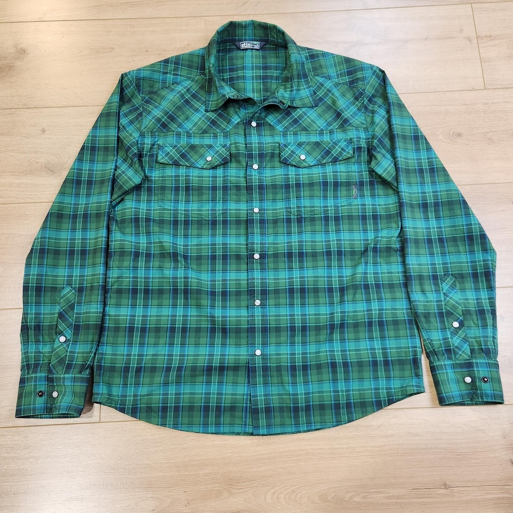 Stio Eddy Shirt Mens Medium Green Plaid Pearl Snap Long Sleeve Western Outdoor